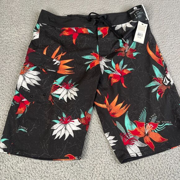 Volcom Board Shorts Mens 30 Red Orange Black Mod Tech Swim Trunks Bathing Suit